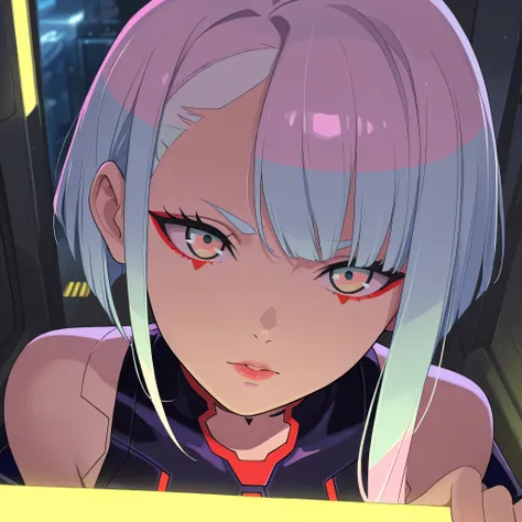 Lucy Cyberpunk ,1girl, head tilt, confident, looking at viewer, viewer's perspective, masterpiece, best quality