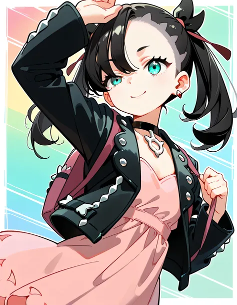 (dynamic angle,dynamic cute junming pose),one arm up,solo,pokemonmarnie, aqua eyes, asymmetrical bangs, asymmetrical hair, black hair, hair ribbon, long hair, red ribbon, ribbon, twintails,backpack, bag, black choker, black jacket, choker, dress, earrings,...