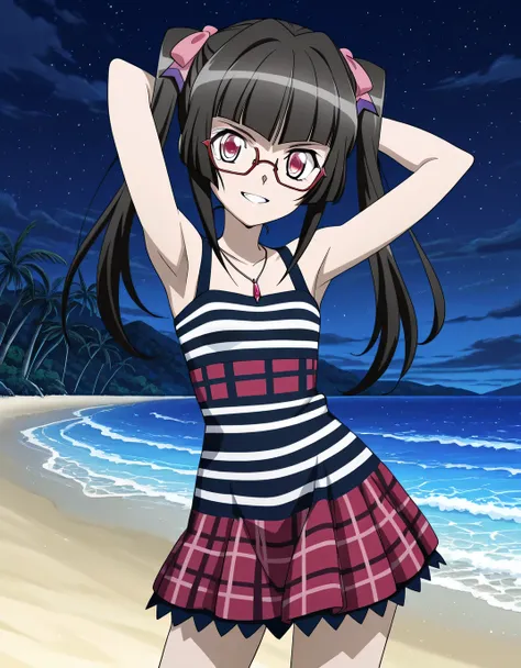 shirabe, anime screencap, anime art style, senki zesshou symphogear, twintails, crimson eyes, black hair, long hair, twintails, jewelry, pink eyes, necklace, blunt bangs, 1girl, shiny hair, striped dress, glasses, necklace, lydian, tie, plaid skirt, anime ...