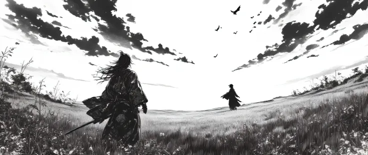 A hyper-detailed black and white manga panel in the realistic and emotional style of Takehiko Inoue’s Vagabond. The scene must convey deep melancholy and cinematic intensity. In the foreground, the main male character — a samurai — is shown clearly from be...