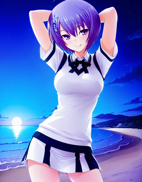 shiina miyako, purple hair, short hair, purple eyes, hair ornament, medium breast, short sleeves, white sweater vest, white shirt, white skirt, neck ribbon, black ribbon, game screencap, high quality, solo, night sky, beach, hands behind head, licking lips...