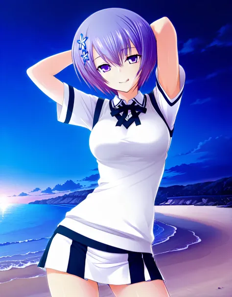 shiina miyako, purple hair, short hair, purple eyes, hair ornament, medium breast, short sleeves, white sweater vest, white shirt, white skirt, neck ribbon, black ribbon, game screencap, high quality, solo, night sky, beach, hands behind head, licking lips...