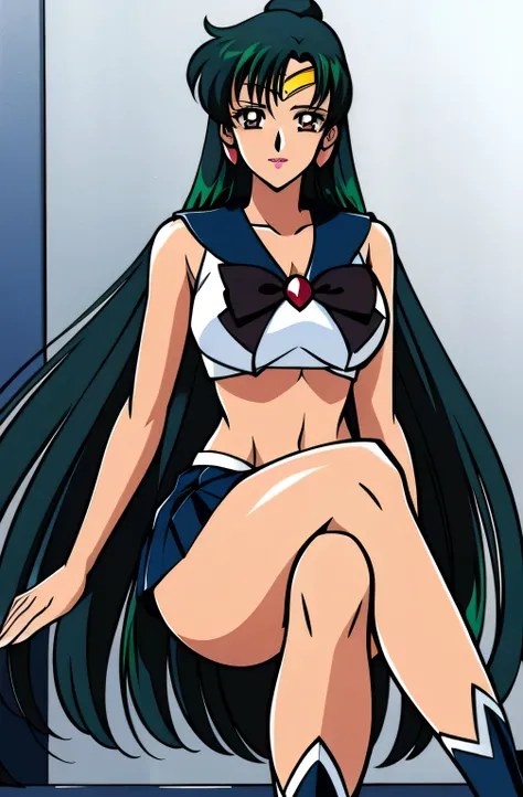 can you draw a sailor uniform,dark blue pleated miniskirt,white wear ,wears dark blue boots, face is absolutely necessary,accurately depicts both of her hands and feet Sai,humans only have 2 arms , face is absolutely necessary, big chest but thin wais...