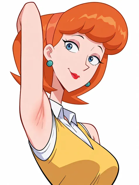 masterpiece, best quality, amazing quality, 1girl, solo, orange LindaXL, orange hair, short hair, blue eyes, hairband, earrings, mature female, white shirt, collared shirt, yellow vest, lipstick, official style, screencap, sleeveless, bare shoulders, bare ...
