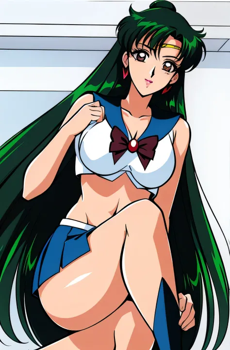 her stomach is hidden in white clothing, beautiful smiling woman ,Draw her facial expression more delicate, face is absolutely necessary,can you draw a sailor suit,Draw a dark blue pleated mini skirt,Whiteware ,Are she wearing dark blue boots, face is ...