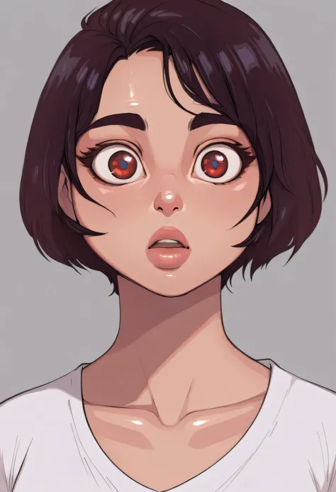 1girl, solo, grey background, lips, short hair, nose, shirt, asian, collarbone, looking at viewer, simple background, artist name, white shirt, shiny skin, big eyes, (surprised)