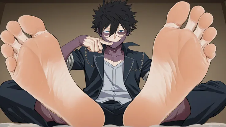 1boy, [dabi_bnha, black hair, blue eyes, short hair, spiked hair, hair between eyes, messy hair, bangs, scar, burn scar, scar on face, piercing, ear piercing, stitches], barefoot, (five toes), foot focus, teasing viewer with soles of feet, cocky smirk, wid...
