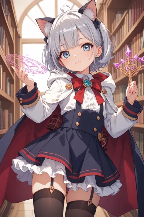 Highest Quality、anime style、masterpiece、A little devil girl with cat ears is secretly trying to pick up a magic book in a corner of the library、Composition where a girl from Devil Hunter is watching closely from the bookshelf behind、Little Devil is a mini dress with a black and purple cape、Hunter is a white hooded long coat and leggings、Silver dagger on the waist、The background is an old bookshelf with a magic circle engraved on it、cute