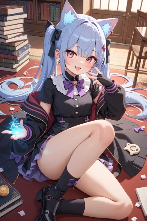 Highest Quality、anime style、masterpiece、the moment when the little devil with cat ears raises one leg and loses balance after being caught in a glowing magic trap、the fluffy tail is jumping up、the costume is a black frilly bodysuit、Purple Knee-High、The bac...