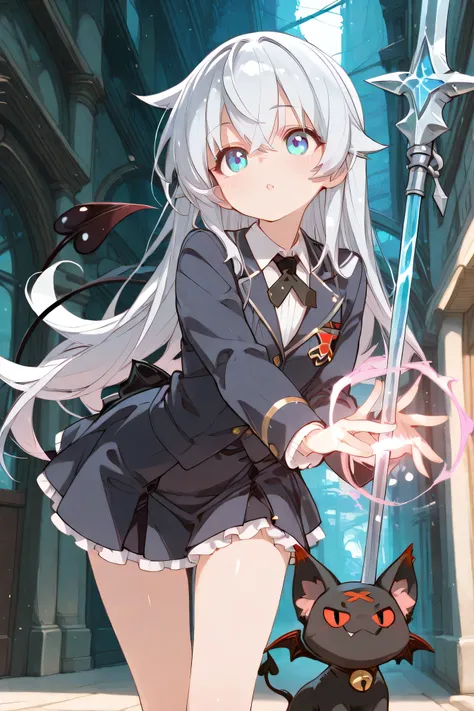 Highest Quality、anime style、masterpiece、Hunter's Silver Spear changes to a fluffy stuffed animal and is in the hand、Little Devil puts his hands forward right after using magic、The location is Magic Laboratory、The costume is a uniform-style blazer x frill s...