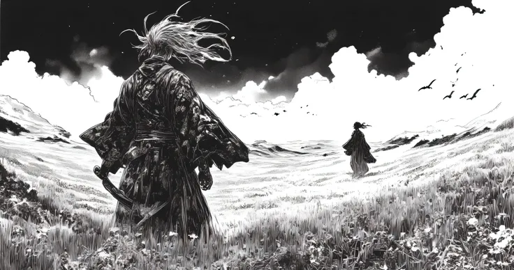 (hyper-detailed black and white seinen manga panel), ((Takehiko Inoue’s Vagabond style)), (((realistic anatomy))), ((emotional depth)), ((cinematic melancholy)), (crosshatching), (chiaroscuro contrast), (dense lineart), (rich texture), (traditional ink sty...