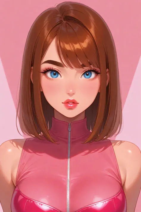 Perfect Face, Cut Straight Hair, Bright Brown Hair, Brown Thick Eyebrows, Blue Eyes, Pink Rouge, Bright Red Thick Lips, Beauty Woman