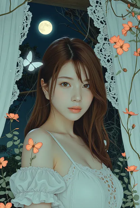 The image appears to be a stylized illustration in an anime or manga-inspired art style. long hair, brown hair, Trompe-l’œil fantasy – doux visage féminin, lumière éthérée et onirique, cadre de fleurs fanées flottantes, lianes, un papillon blanc fantomatiq...