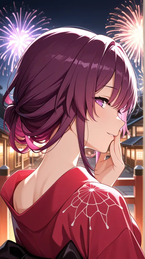 score_9,score_8_up,score_7_up, masterpiece,best quality,amazing quality, kafka, purple eyes, purple hair, short hair, upper_body, masterpiece, best quality, good quality, very awa, very aesthetic, absurdres, newest, parted lips, japanese clothes, kimono, r...