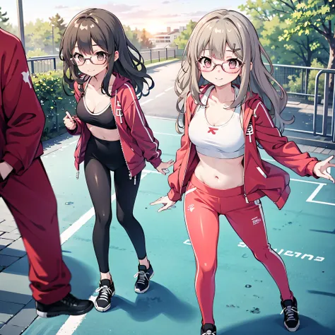futaba rio, wearing a red track suit jacket unzipped, black sports bra underneath, tight black leggings, glasses, jogging in a park at sunrise, light breeze, confident smile, headphones around neck, relaxed sporty look, soft sunlight, anime style, masterpi...