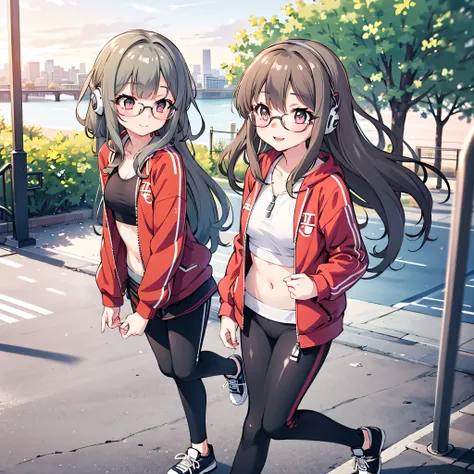 futaba rio, wearing a red track suit jacket unzipped, black sports bra underneath, tight black leggings, glasses, jogging in a park at sunrise, light breeze, confident smile, headphones around neck, relaxed sporty look, soft sunlight, anime style, masterpi...