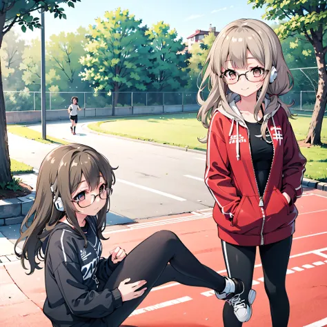 futaba rio, wearing a red track suit jacket unzipped, black sports bra underneath, tight black leggings, glasses, jogging in a park at sunrise, light breeze, confident smile, headphones around neck, relaxed sporty look, soft sunlight, anime style, masterpi...