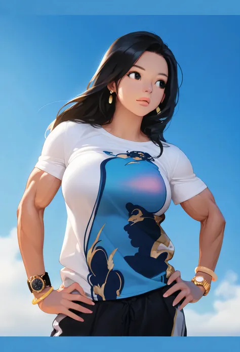 watch, wristwatch, 1girl, jewelry, bracelet, hand on hip, solo, shirt, blue background, wristband, blue sky, earrings, hands on hips, sky, black hair, lips, t-shirt, bangle, day, long hair, nose, asian, short sleeves, large breasts, perfect breasts, muscle...