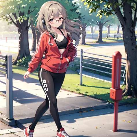 futaba rio, wearing a red track suit jacket unzipped, black sports bra underneath, tight black leggings, glasses, jogging in a park at sunrise, light breeze, confident smile, headphones around neck, relaxed sporty look, soft sunlight, anime style, masterpi...