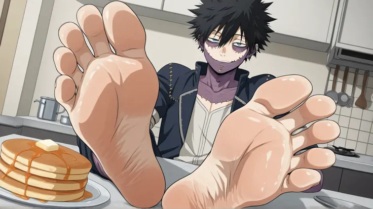 1boy, [dabi_bnha, black hair, blue eyes, short hair, spiked hair, hair between eyes, messy hair, bangs, scar, burn scar, scar on face, piercing, ear piercing, stitches], barefoot, (five toes), foot focus, teasing viewer with feet, cocky smirk, big feet, an...