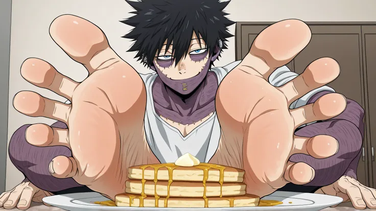 1boy, [dabi_bnha, black hair, blue eyes, short hair, spiked hair, hair between eyes, messy hair, bangs, scar, burn scar, scar on face, piercing, ear piercing, stitches], barefoot, (five toes), foot focus, teasing viewer with feet, cocky smirk, big feet, an...