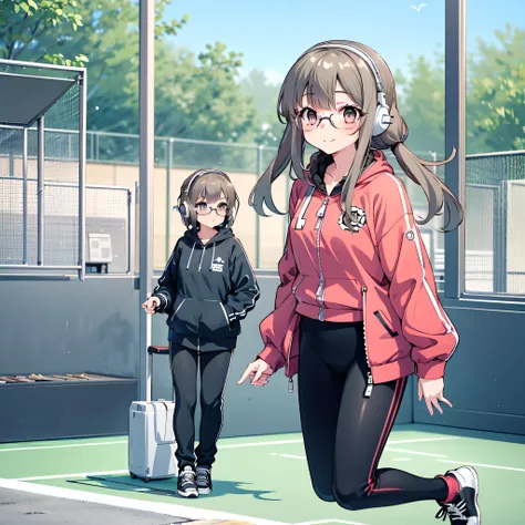 futaba rio, wearing a track suit jacket unzipped, sports bra underneath, tight leggings, glasses, , light breeze, confident smile, headphones around neck, relaxed sporty look, soft sunlight, anime style, masterpiece, 1girl, full body