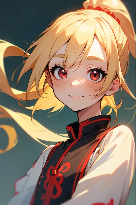 girl、Blonde Hair、ponytail、Weird Hair、Round red eyes、Saggy Eyes、Smile Yan、Small 、upper body close-up、colorful embroidered dress