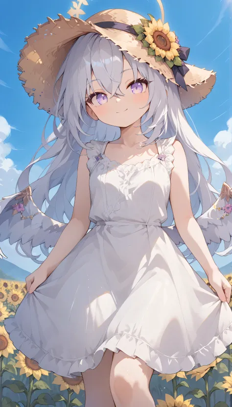 azusa (blue archive),purple eyes,white hair,long hair,wings,hair flower,halo,　solo, I can see my eyebrows from the inside of my hair, hair between eyes,　 is embarrassing, masterpiece, Best Quality, very aesthetic, thick thighs, Wide pelvis, sleeveless whit...