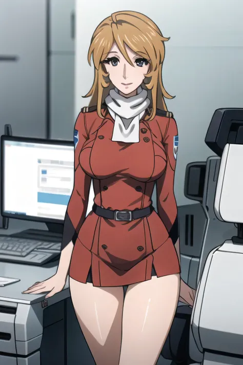 can you draw a nurse，white dress wear，.，  beautiful smiling woman  ，Alone，（Please draw it a red office lady costume）Red Suit，red miniskirt，After a white blouse，white scarf，can you draw her facial expression more delicately,          beautiful smiling woman...