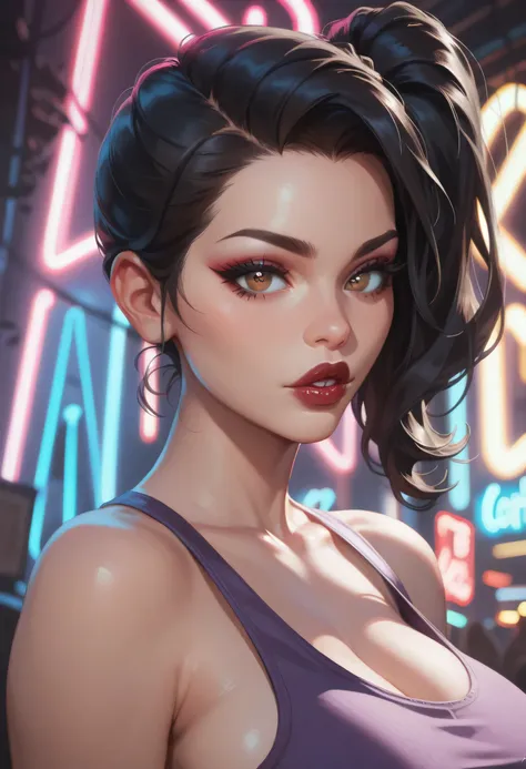 woman, (perfect face), detailed pupils, side ponytail, black hair, black thin eyebrows, brown eyes, purple eyeshadows, black eyeliners, nose, dark red lips, thick lips, parted lips, tank top, purple tank top, large breasts, ((neon light))
