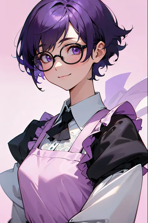 4K、High Definition、girl、black rimmed glasses、short hair、紫のshort hair、purple eyes、Smile Yan、upper body close-up、small breasts、purple lace apron、 WHITE COLLAR SHIRT 、White sleeves、pink background