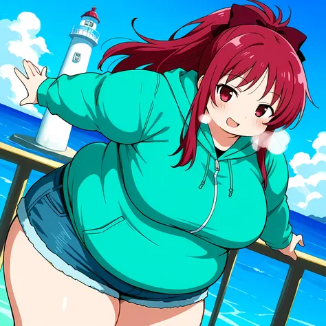 score_9, score_8_up, score_7_up, source_anime,  kyouko sakura, long hair, red eyes, ponytail, hair bow, red hair,, shorts, hood, hoodie, denim, blue shorts, denim shorts,, lighthouse, light, sea, tall, guidance, smile, hands outstretched forward , blush, o...