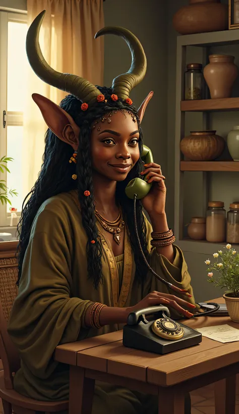 Firbolg, furry, big nose, big nose, animal ears, 1female, black hair, black eyes, African facial features, speaking on a vintage landline telephone, cozy living room, tall and graceful, deep rich bark-textured skin, mossy braids adorned with beads and tiny...