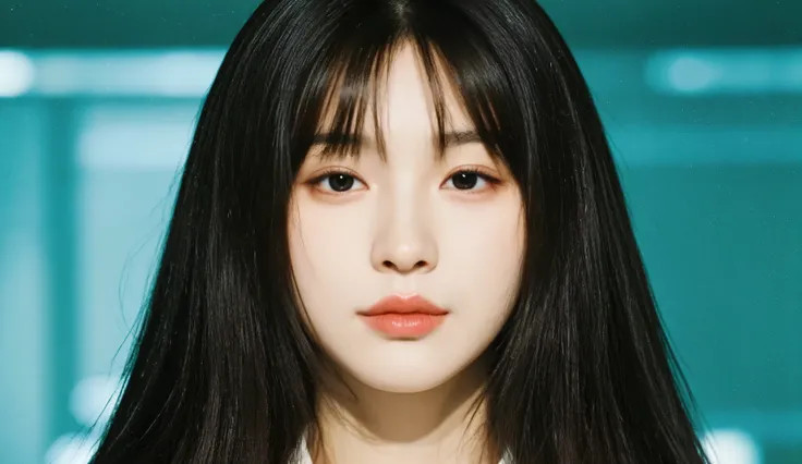 a shoulder-up candid photo of a 20-year-old Korean woman on a real concert stage, photographed with a DSLR, natural lighting, detailed skin texture, soft background blur, minimal or stage makeup, unique facial features, ultra photorealistic, not digital ar...