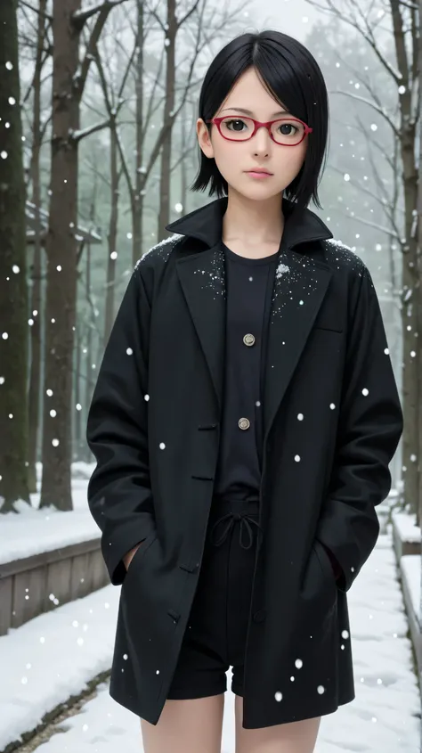 1girl, solo,sarada uchiha,black eyes,black hair,outdoors,potrait,flat chest,wearing glasses,short hair, standing under snowfall,(wear black coat:1.5),front view,winter background,shorts pants,forest