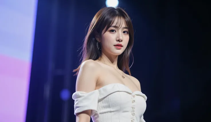 a shoulder-up candid photo of a 20-year-old Korean woman on a real concert stage, photographed with a DSLR, natural lighting, detailed skin texture, soft background blur, minimal or stage makeup, unique facial features, ultra photorealistic, not digital ar...
