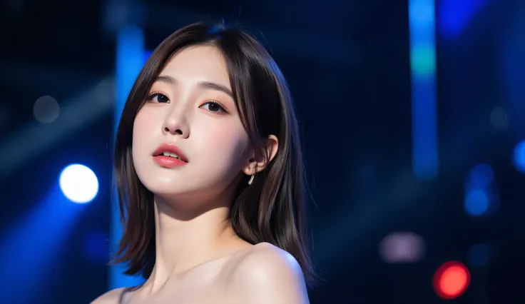 a shoulder-up candid photo of a 20-year-old Korean woman on a real concert stage, photographed with a DSLR, natural lighting, detailed skin texture, soft background blur, minimal or stage makeup, unique facial features, ultra photorealistic, not digital ar...