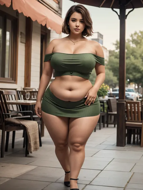 A full body figure view image beautiful thick chubby woman with fair skin tone beautiful eyes brown thick hair style wide big hips who is wearing two pieces gown low neck open shoulder top with low waist design coffee brown/green shade chiffon pattern mini...