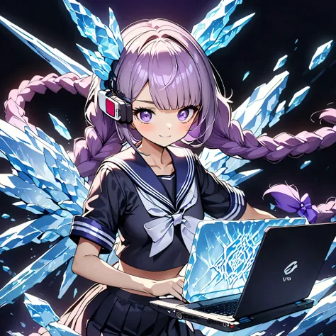 (Highest Quality:1.2, very detailed, high detail, high contrast, masterpiece:1.2, Highest Quality, BEST AESTHETICS), 1 female, (((sailor suit、 Lucky Soft、loafers ))), exposes your shoulders, ((灰色の髪:1.4, purple bicolor hair , with long braided hair, whit...