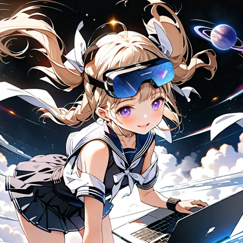 with the best details、studying with a laptop、(((Stand on your laptop and ride、It's moving through the air:1.3)))、(((AR、VR、I'm wearing a scout)))、1GIRL、cute face、baby face、(((dynamic best configuration、Highest Quality、supreme masterpiece、super definition、hi...