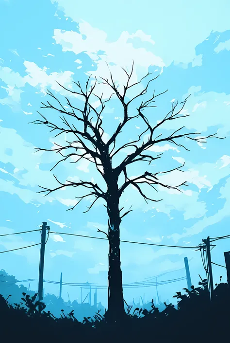 The image depicts a tree with bare branches, likely indicating a winter or late autumn season. The tree is set against a blurred background, which appears to be a blue sky, giving the image a dreamy or surreal quality. There are faint, horizontal lines tha...