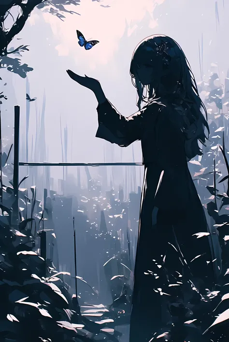 The image depicts a silhouette of a person with long hair, captured in a dramatic, high-contrast scene. The person is holding their hand up, and a butterfly is hovering near their palm, creating a sense of interaction between the human and the natural worl...