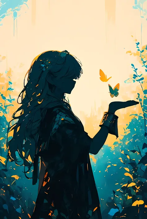 The image depicts a silhouette of a person with long hair, captured in a dramatic, high-contrast scene. The person is holding their hand up, and a butterfly is hovering near their palm, creating a sense of interaction between the human and the natural worl...