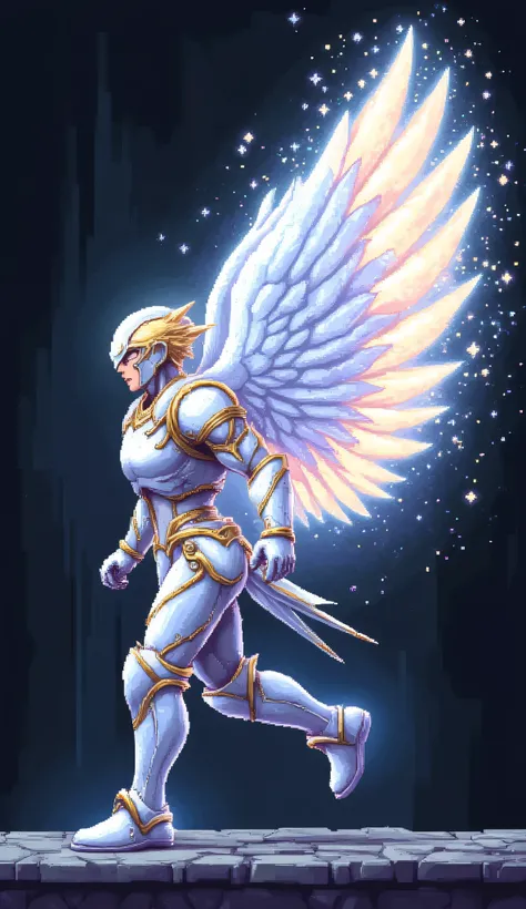 "Create a sequence of 5-10 pixel-art sprites for a running animation to the right of a character with fully upgraded angelic perks. Each frame should represent a different stage of the running cycle: starting with the first step, mid-stride, full extension...