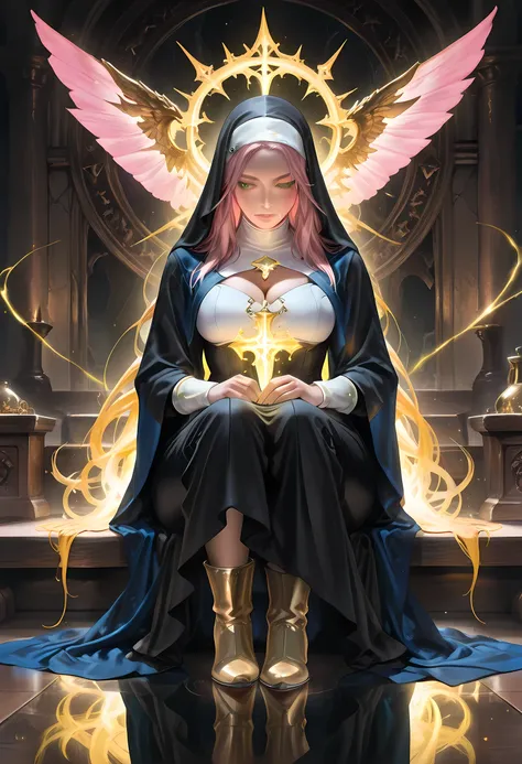 masterpiece , best quality , amazing quality , very aesthetic , absurdres , newest , highly detailed , highres portrait of a nun making an exorcism on a sleeping , fantasy portrait art, dnd art, RPG art, wide shot, intense details facial details, exquisite...