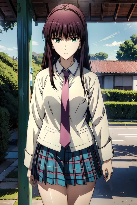  makima(chainsaw man),plaid skirt,(((high school students))),Girls in Uniform,Jewel Eyes, 超 high definition, ((( Green Eyes))),赤 From a girl's eyes,  beautiful アニメ高校の女の子,( masterpiece:1.2, 最 High Quality ), ( present, photo present:1.4),  beautiful イラスト, (...