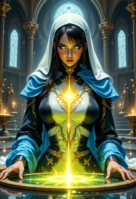 portrait of a nun making an exorcism on a sleeping  , fantasy portrait  art, dnd art, RPG art, wide shot, (masterpiece: 1.4) intense details, highly detailed, photorealistic, best quality, highres,  (fantasy art, Masterpiece, best quality: 1.3) , intense d...