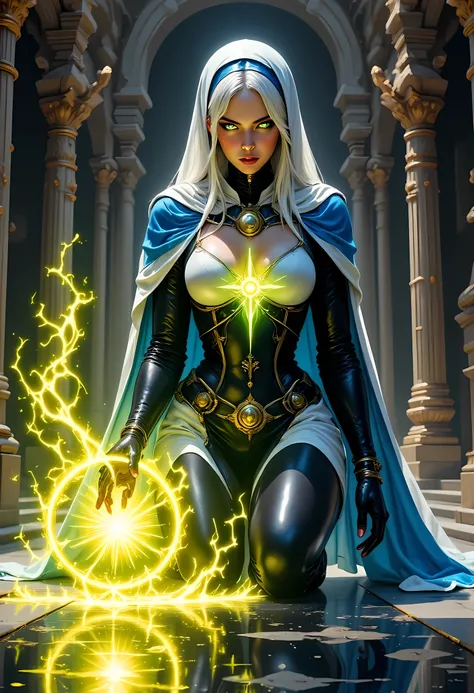 portrait of a nun making an exorcism on a sleeping  , fantasy portrait  art, dnd art, RPG art, wide shot, (masterpiece: 1.4) intense details, highly detailed, photorealistic, best quality, highres,  (fantasy art, Masterpiece, best quality: 1.3) , intense d...