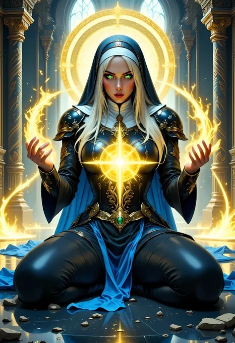 portrait of a nun making an exorcism on a sleeping  , fantasy portrait  art, dnd art, RPG art, wide shot, (masterpiece: 1.4) intense details, highly detailed, photorealistic, best quality, highres,  (fantasy art, Masterpiece, best quality: 1.3) , intense d...