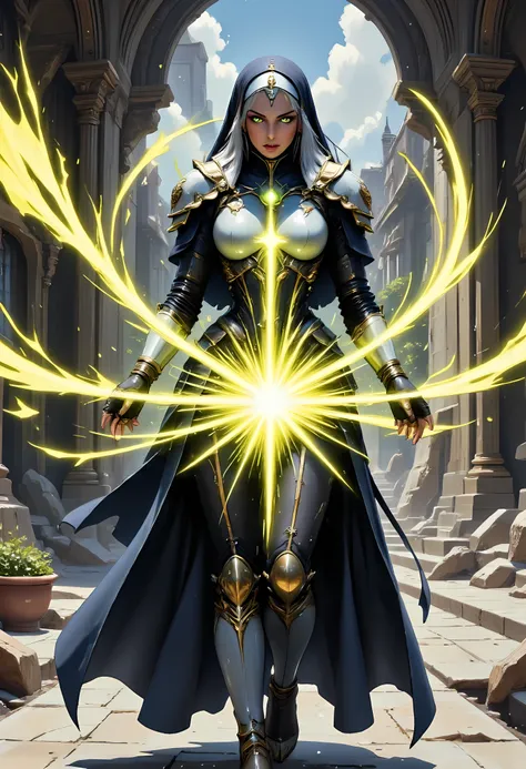 portrait of a nun making an exorcism on a sleeping , fantasy portrait art, dnd art, RPG art, wide shot, (masterpiece: 1.4) intense details, highly detailed, photorealistic, best quality, highres, (fantasy art, Masterpiece, best quality: 1.3) , intense d...